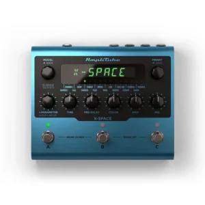 IK Multimedia X-Space reverb pedal, top view showing display, knobs and three footswitches
