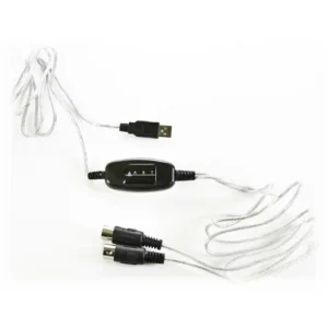 ART MConnect USB to MIDI cable showing USB plug and MIDI In and Out connectors