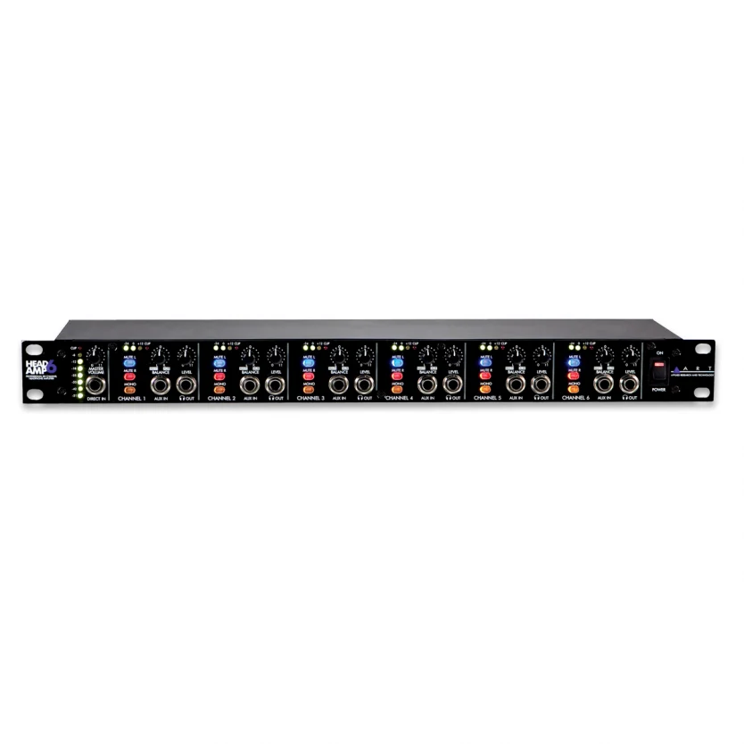 ART HeadAmp6 front panel with per-channel level, balance, mono and mute controls and aux inputs