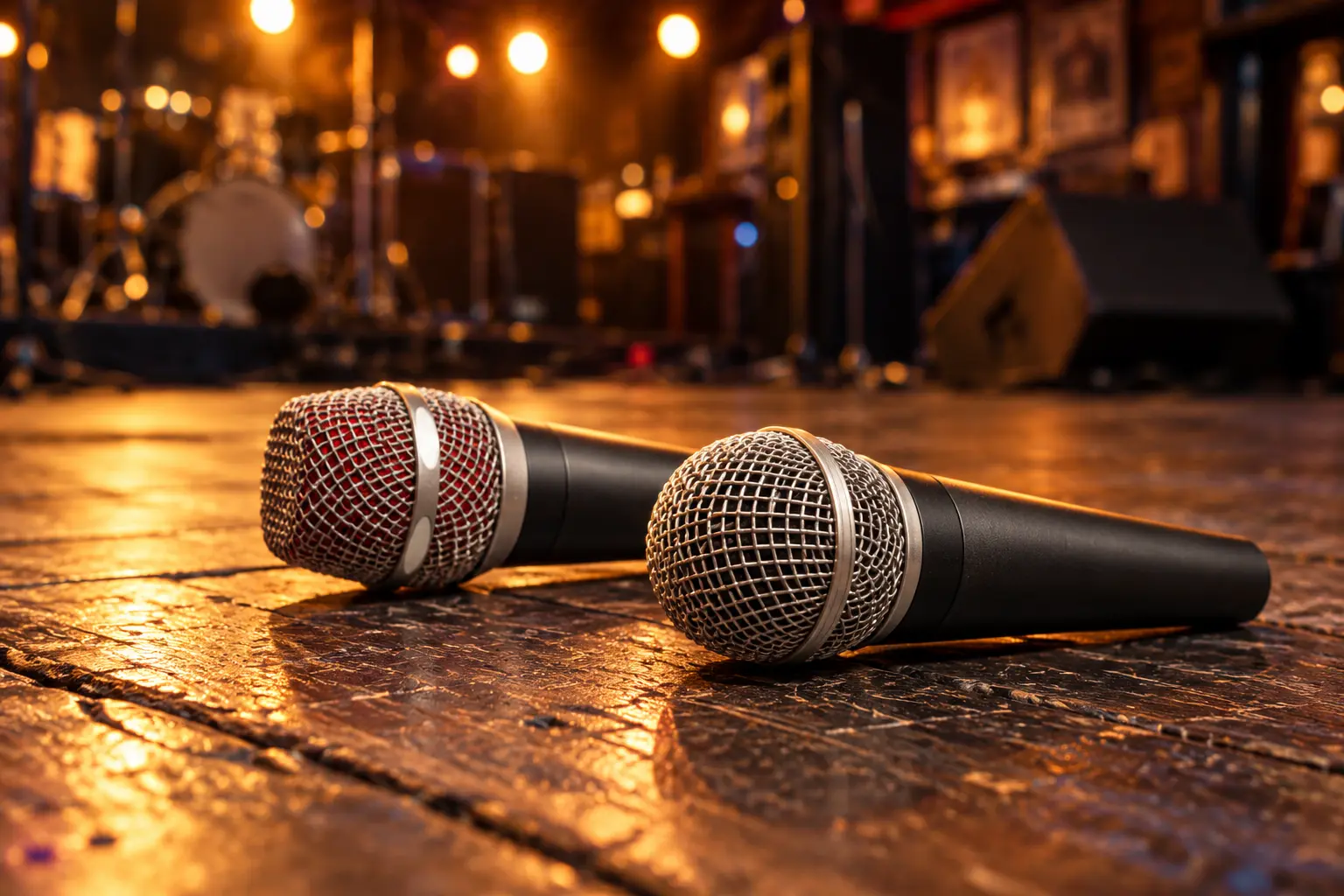 Two black handheld dynamic vocal microphones side by side on a wooden stage