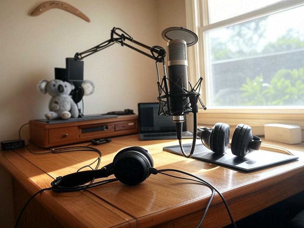 Home recording setup with a cheap microphone for beginners.