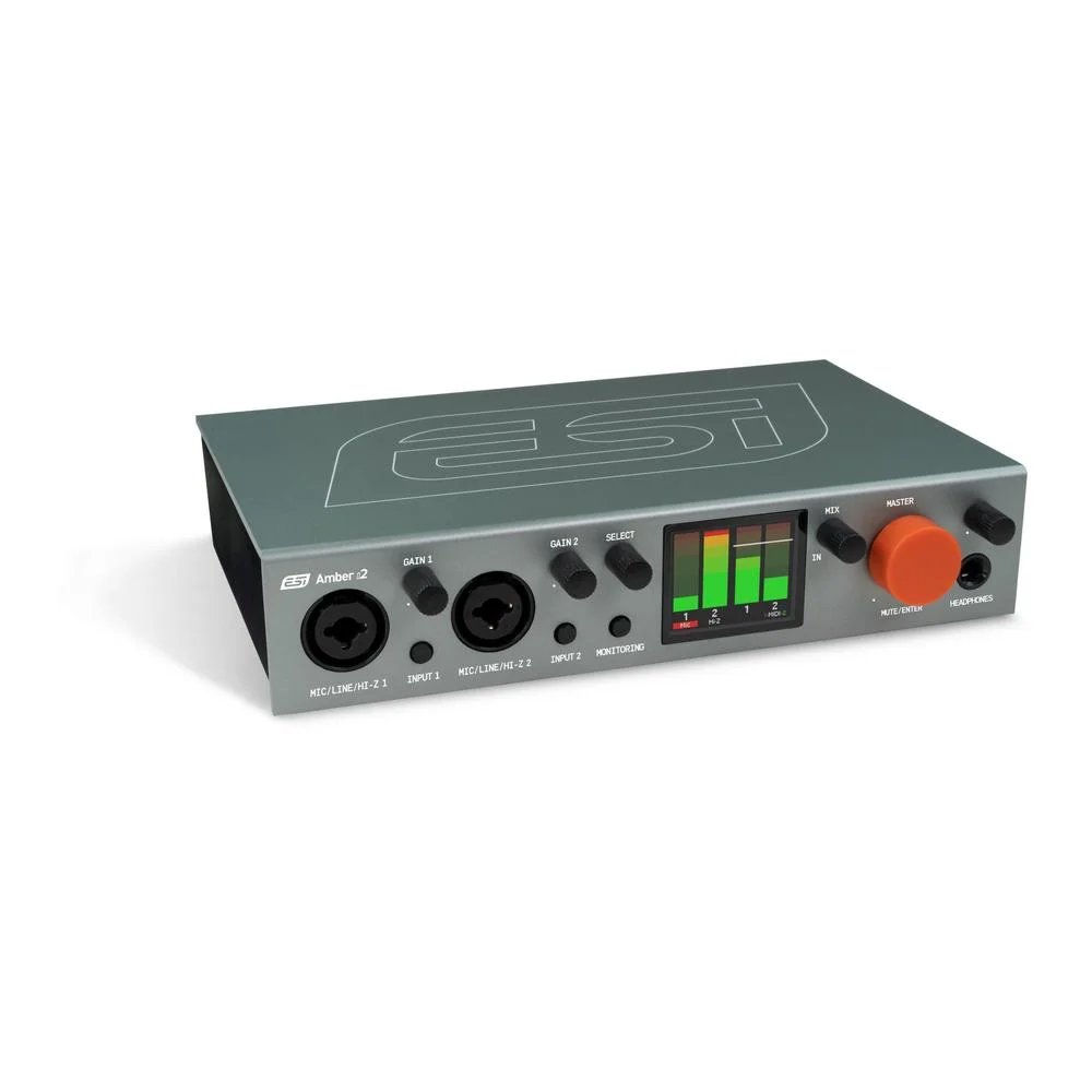 ESI Amber i2 USB-C Audio Interface angled front view with controls and LED display