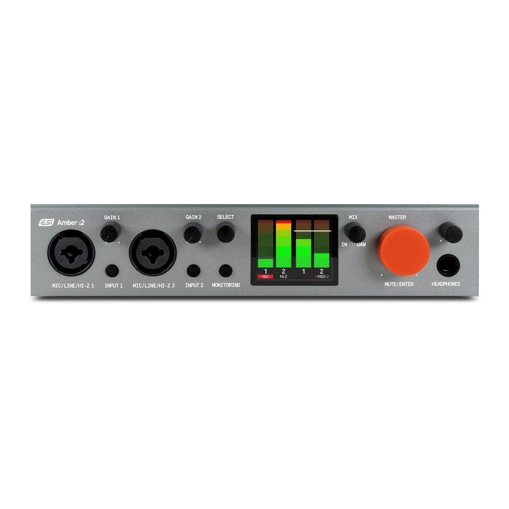Front view of ESI Amber i2 interface showing audio signal meters in green