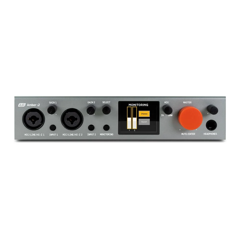 ESI Amber i2 front panel with stereo monitoring mode on LCD