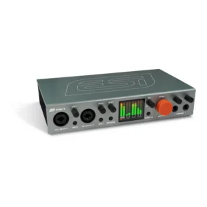 ESI Amber i4 USB-C Audio Interface angled front view showing inputs, outputs, and display