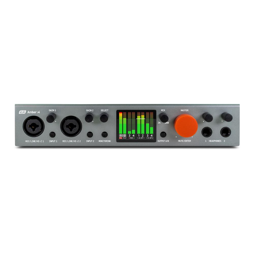 Front panel of ESI Amber i4 interface with green level meters and controls