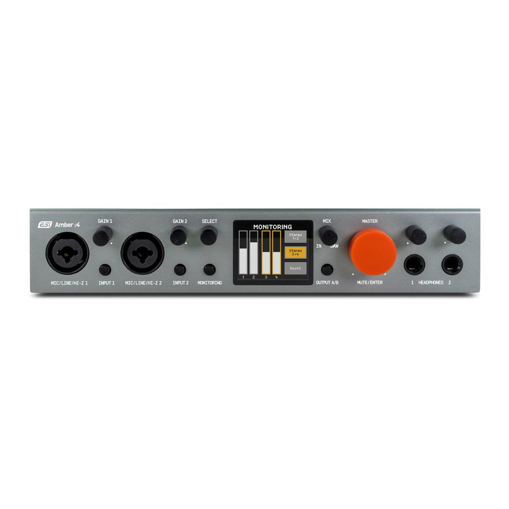 Front panel of ESI Amber i4 audio interface showing monitoring display with yellow indicators