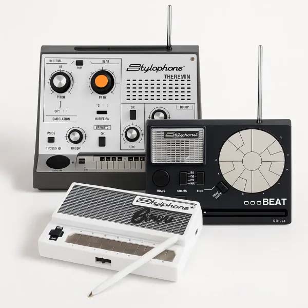 Stylophone Theremin, Stylophone BEAT, and Stylophone Bowie synthesizers arranged side by side on a clean white background – high-resolution product image for e-commerce display.