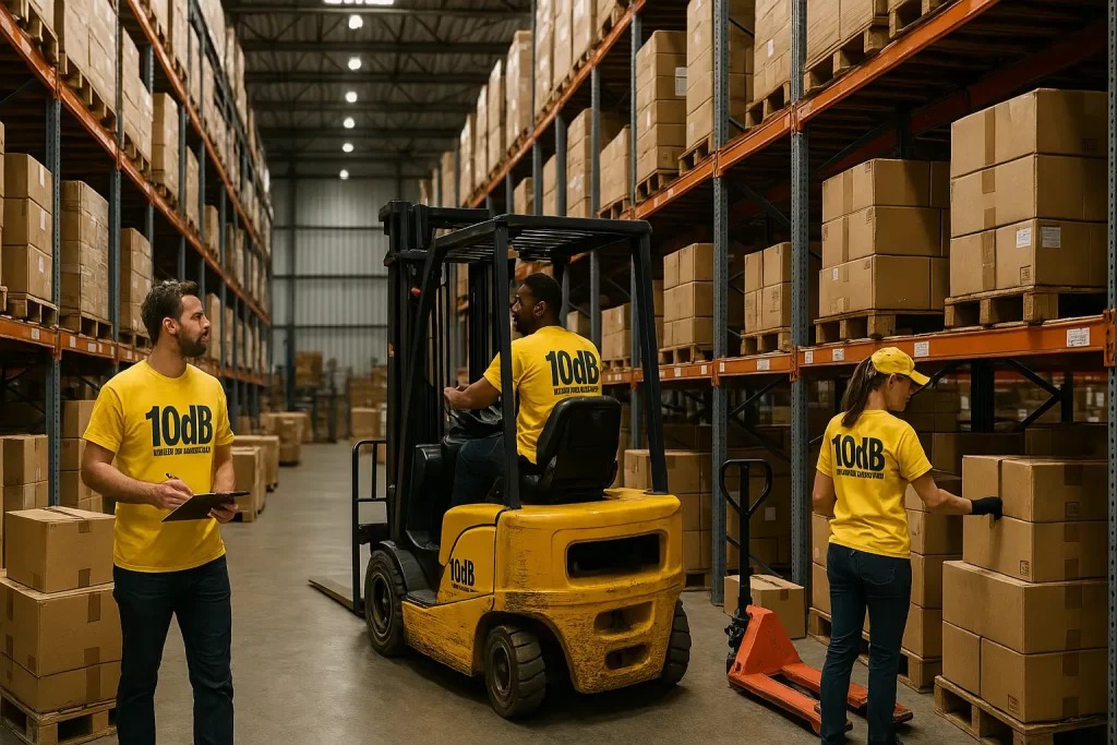 Indoor warehouse 10dB with workers.