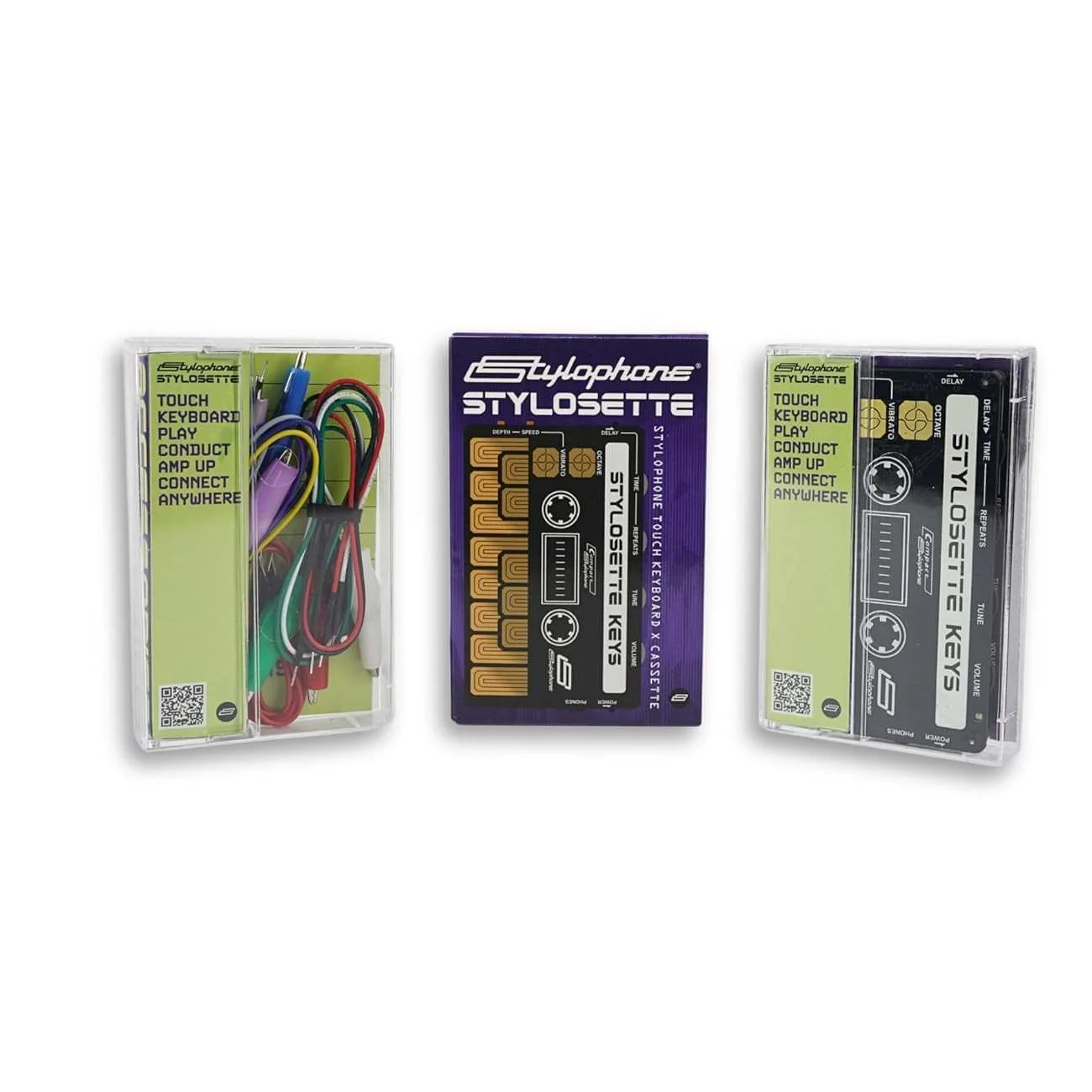 Stylophone Stylosette portable touch keyboard synthesiser in retro cassette-style packaging, with colourful patch cables – perfect for music creation on the go