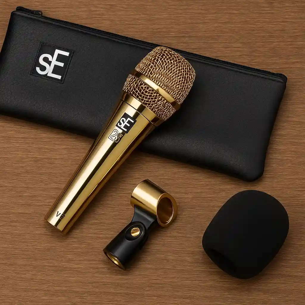 V7 GOLD microphone and included accessories on table.