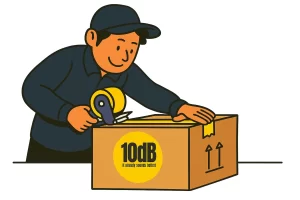 10dB warehouse worker packing a product for delivery.
