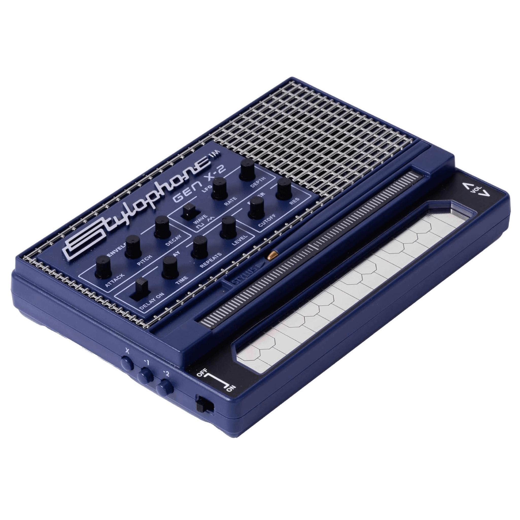 Top view of Stylophone Gen X-2 analogue synthesiser with stylus keyboard, expression strip and control knobs