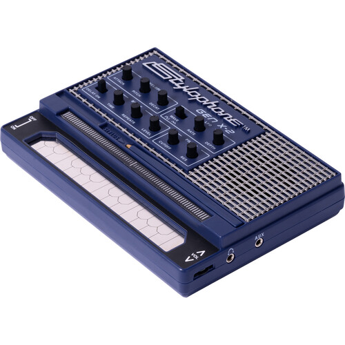 Stylophone Gen X-2 portable analogue synthesiser with stylus keyboard and control knobs – compact blue design for music production and live performance