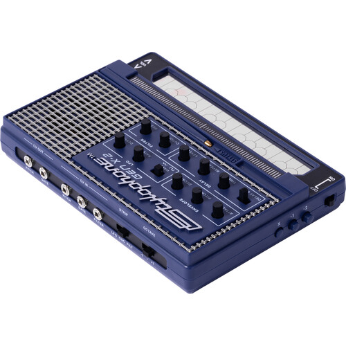 Stylophone Gen X-2 synthesiser angled side view showing control knobs, stylus keyboard, and connectivity ports