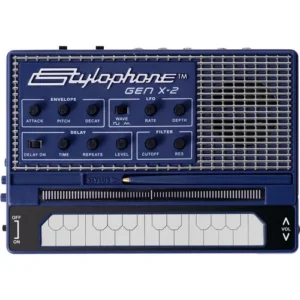Stylophone Gen X-2 top view showing stylus keyboard, filter, envelope, LFO and delay controls