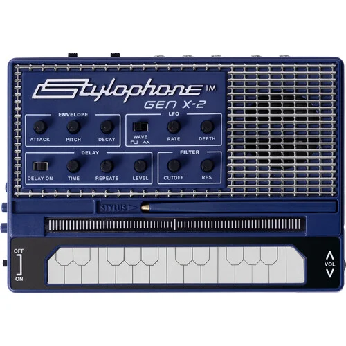 Stylophone Gen X-2 top view showing stylus keyboard, filter, envelope, LFO and delay controls