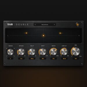 10dB DOUBLE free vocal doubler plugin interface with Voices, Detune, Delay, Drift, Width, Low Cut and Mix knobs