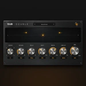 10dB DOUBLE free vocal doubler plugin interface with Voices, Detune, Delay, Drift, Width, Low Cut and Mix knobs
