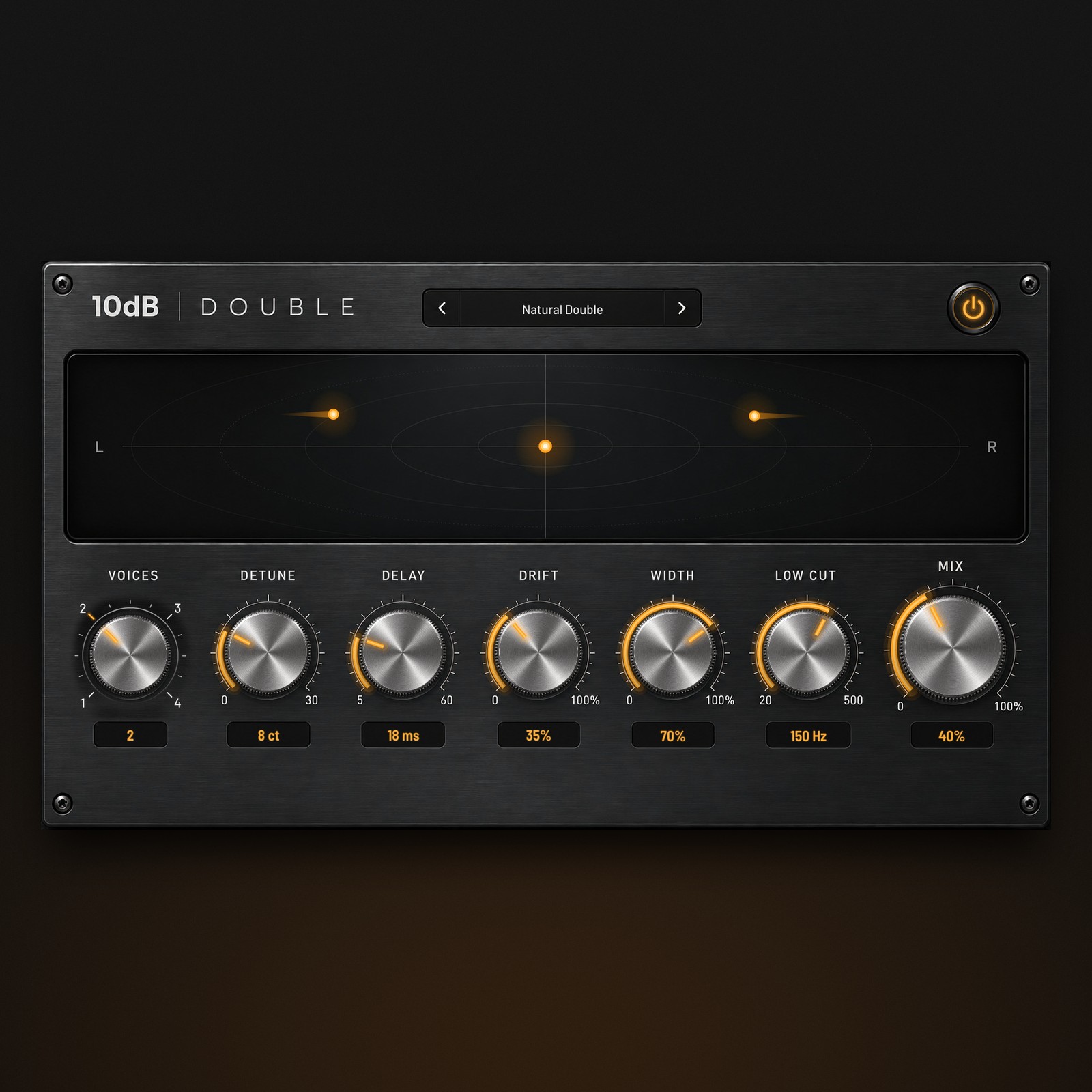 10dB DOUBLE free vocal doubler plugin interface with Voices, Detune, Delay, Drift, Width, Low Cut and Mix knobs
