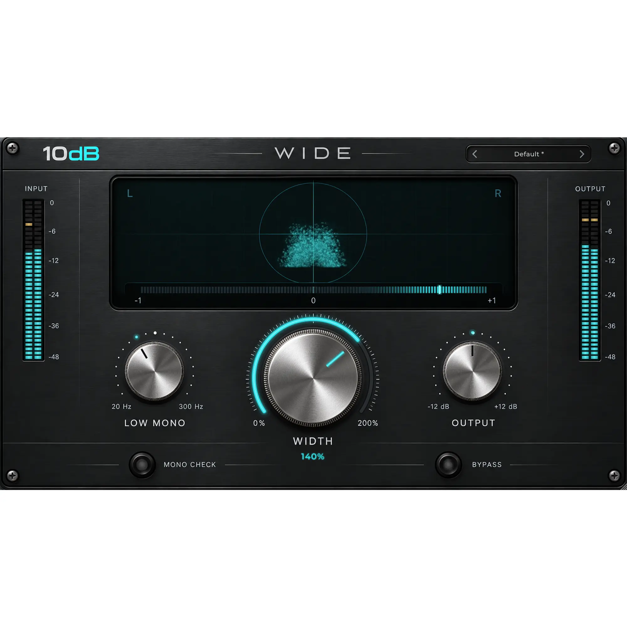 10dB WIDE free stereo widener plugin interface with Width knob, vectorscope and correlation meter
