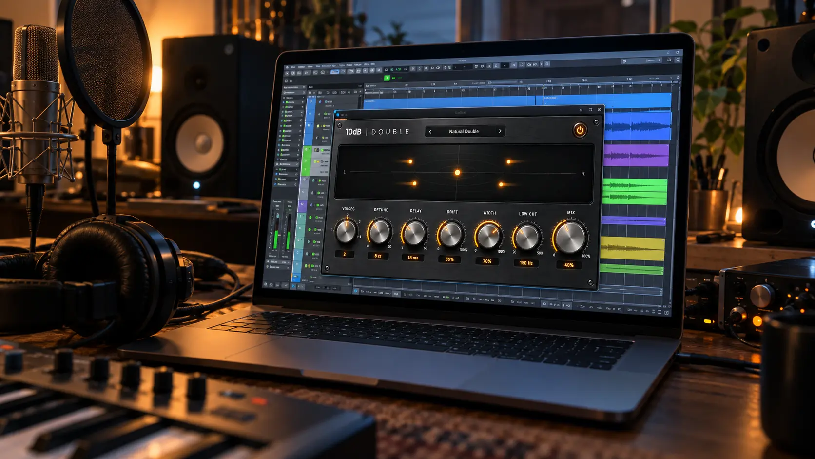 10dB DOUBLE vocal doubler plugin open in a DAW on a laptop in a home studio