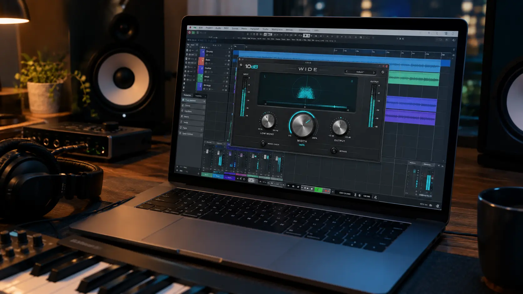 10dB WIDE stereo widener plugin open in a DAW on a laptop in a home studio