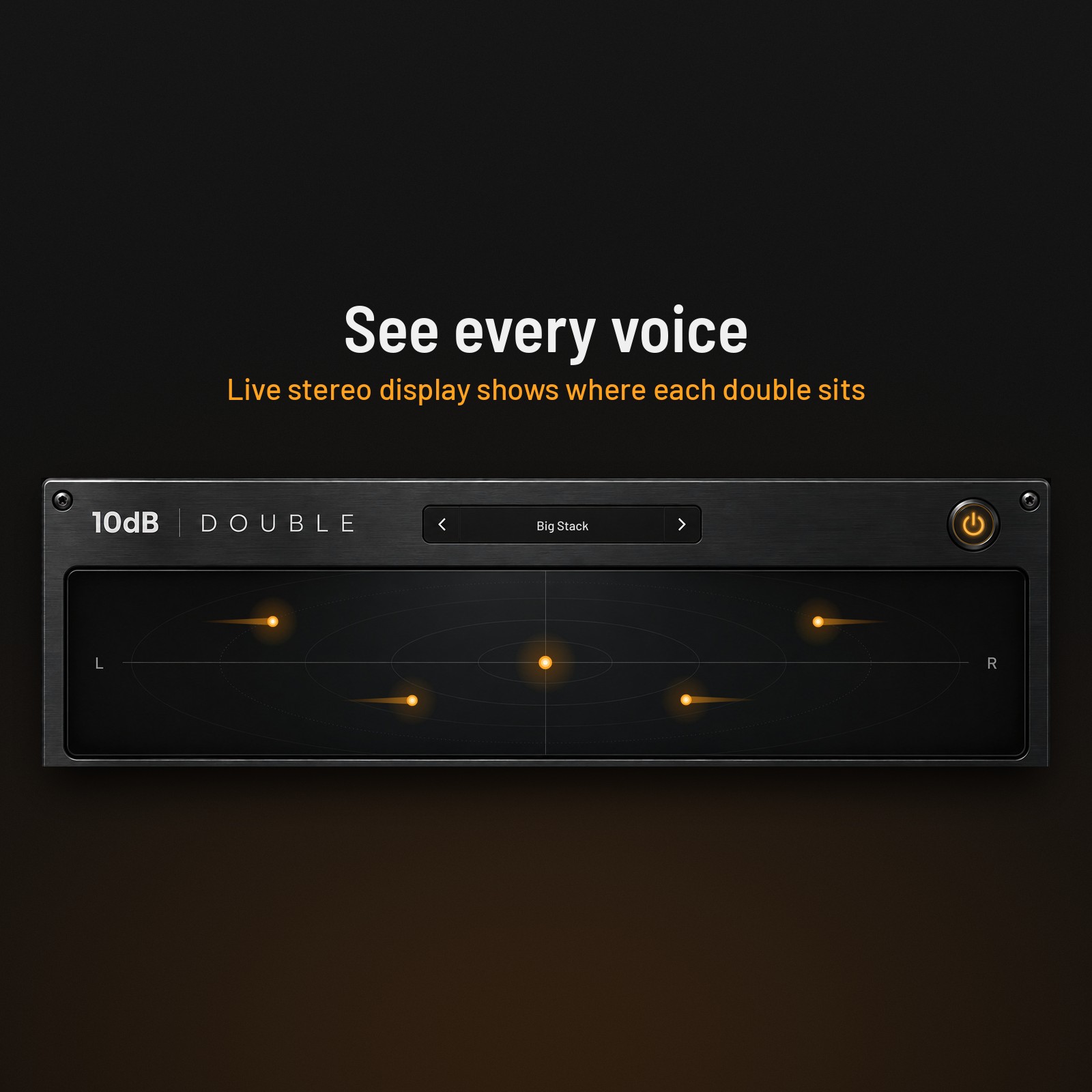 10dB DOUBLE live stereo display showing four doubled vocal voices spread left and right