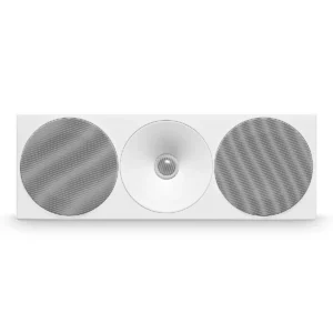 Amphion Helium520C centre speaker in Full White, front view with white grilles