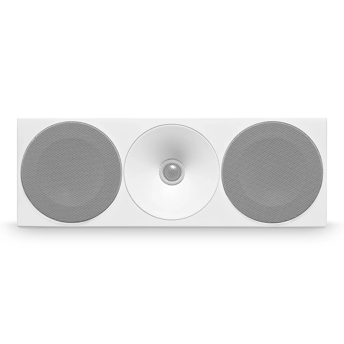 Amphion Helium520C centre speaker in Full White, front view with white grilles