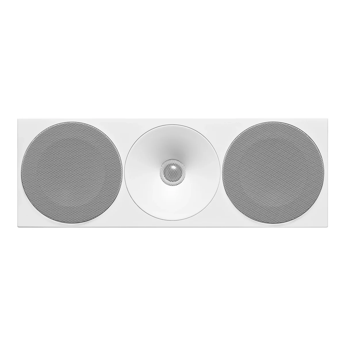 Amphion Helium520C in Full White, close front view of the woofer grilles and tweeter waveguide