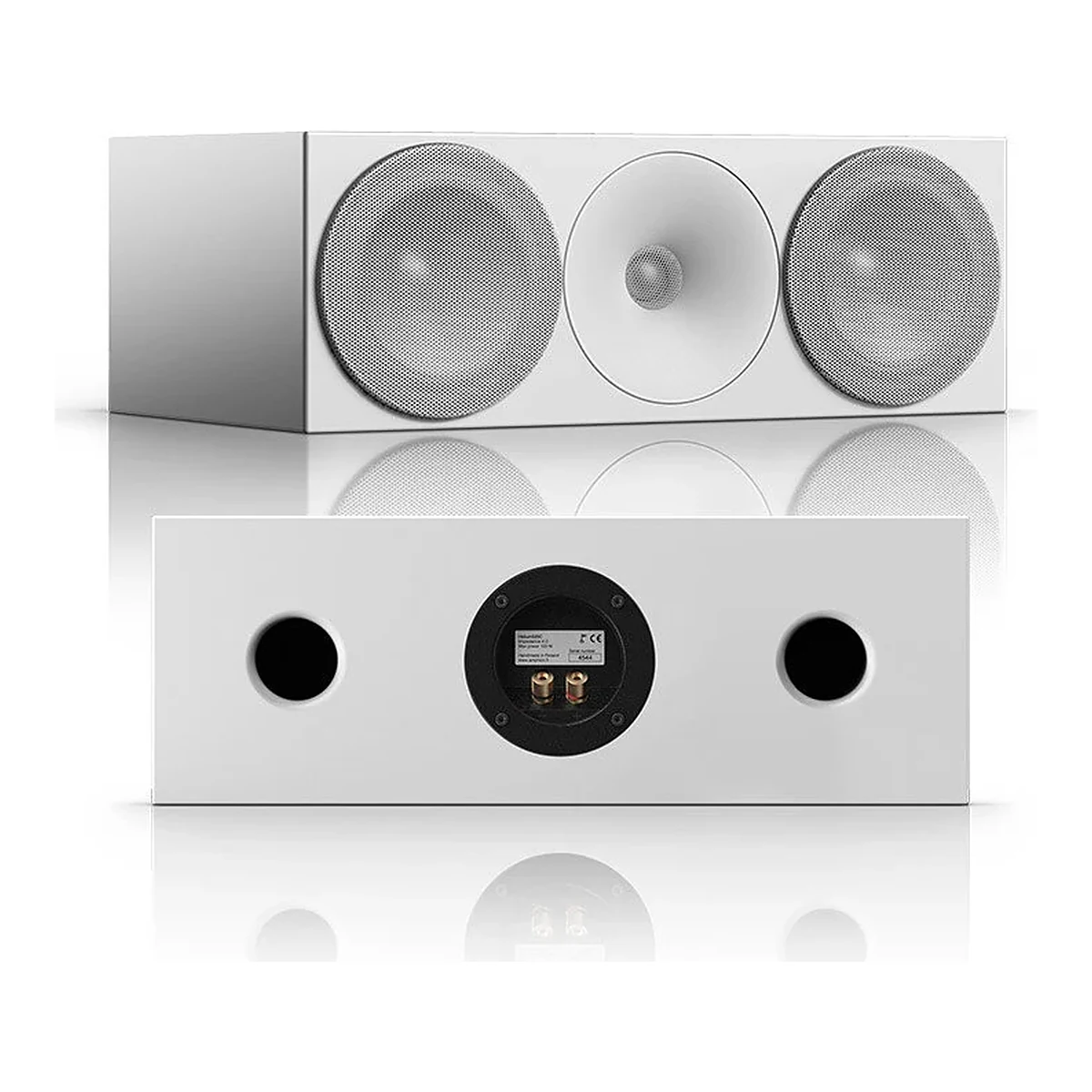 Amphion Helium520C Full White centre speaker, angled front and rear view showing twin rear ports and binding posts