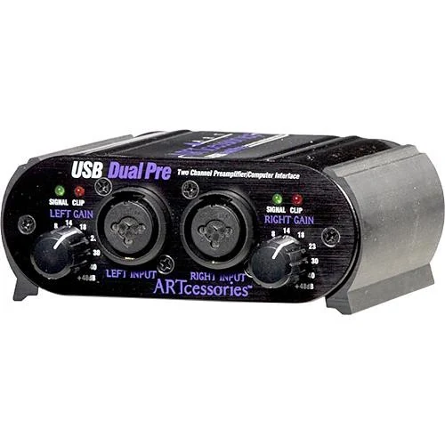 ART USB Dual Pre two channel preamp, angled front view showing the compact case with rubber sides