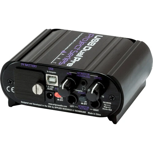 ART USB Dual Pre Project Series rear panel at an angle, with USB port, 9V battery cover, mix and level knobs