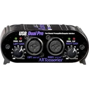 ART USB Dual Pre front panel with two XLR combo inputs, gain knobs and signal and clip LEDs