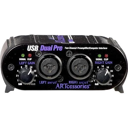 ART USB Dual Pre front panel with two XLR combo inputs, gain knobs and signal and clip LEDs
