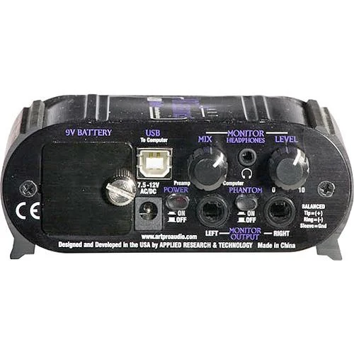 ART USB Dual Pre rear panel, straight on, showing power, phantom, headphone and monitor output connections
