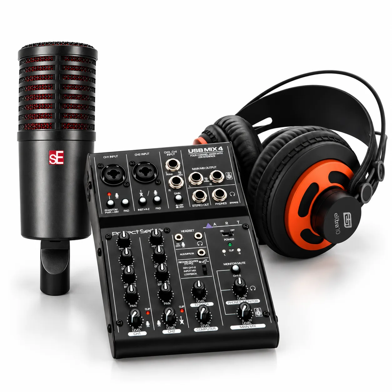Studio recording bundle: sE Electronics microphone, ART USB Mix 4 USB mixer and ESI eXtra 10 studio headphones