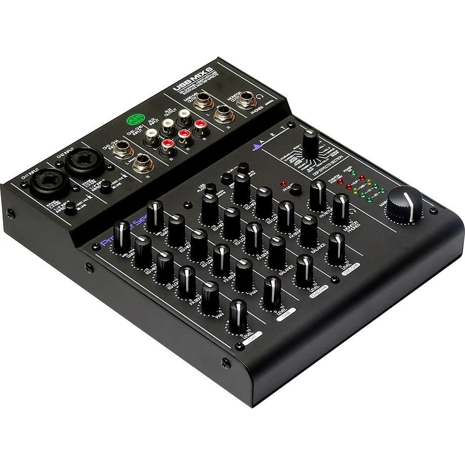 ART USBMix6 USB mixer, angled view showing the compact steel chassis and control knobs
