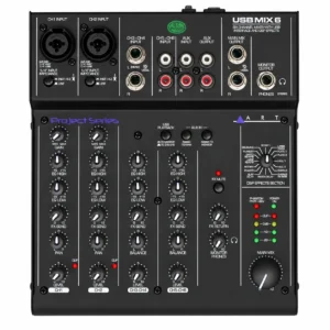 ART USBMix6 six channel USB mixer, top view of all controls, inputs and DSP effects selector