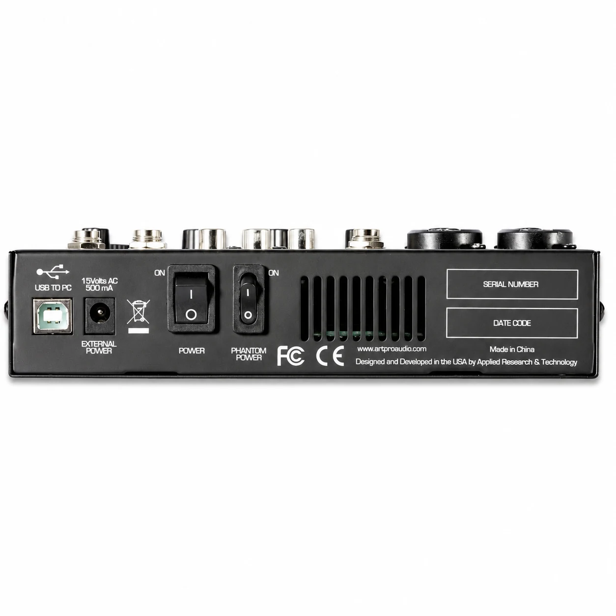 ART USBMix6 rear panel with USB type B port, external power input, power and phantom power switches