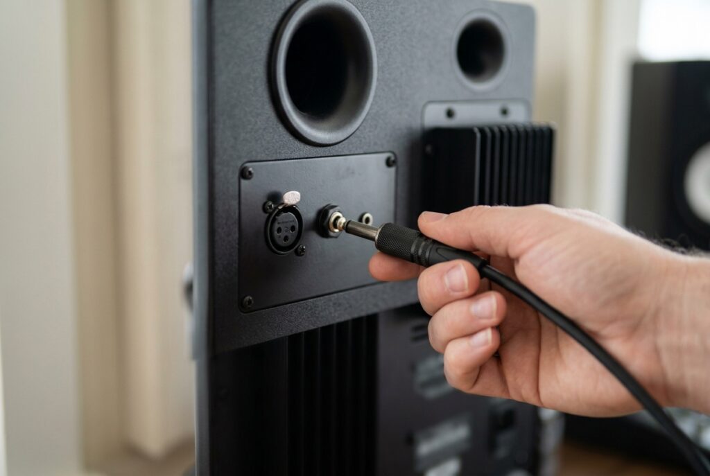 Plugging a balanced TRS cable into the back of a studio monitor