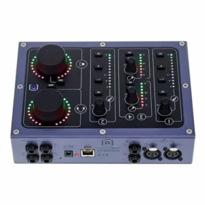 DiGiGrid D desktop SoundGrid audio interface, top view of the four input channels, meters and two large level knobs