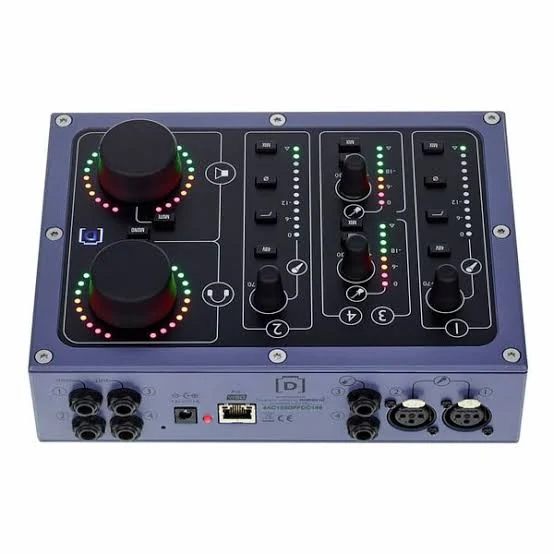 DiGiGrid D desktop SoundGrid audio interface, top view of the four input channels, meters and two large level knobs