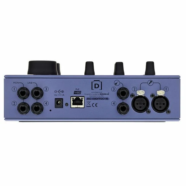 DiGiGrid D rear panel with monitor and line outputs, 12V power input, SoundGrid PoE Ethernet port and two XLR inputs