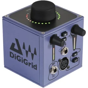 DiGiGrid M cube recording interface, angled view of XLR input, 1/4 inch jacks, gain knobs and top level knob