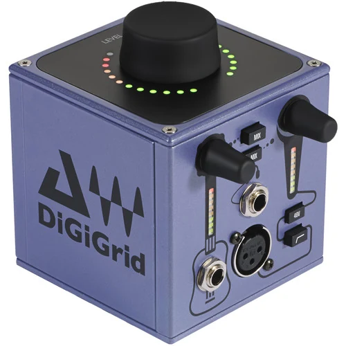 DiGiGrid M cube recording interface, angled view of XLR input, 1/4 inch jacks, gain knobs and top level knob