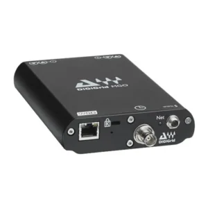 DiGiGrid MGO MADI interface, angled view of the end panel with Ethernet port, BNC connector, Net LED and power input