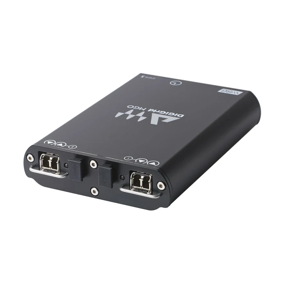 DiGiGrid MGO angled view of the two optical MADI ports with LC connectors on the end panel