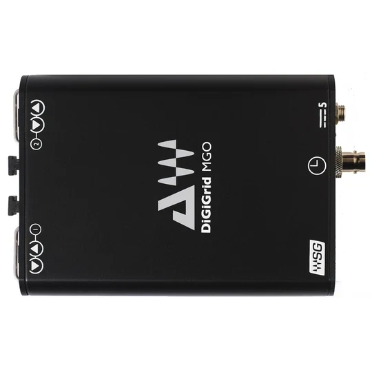 DiGiGrid MGO top view of the black metal case with DiGiGrid MGO logo and port markings